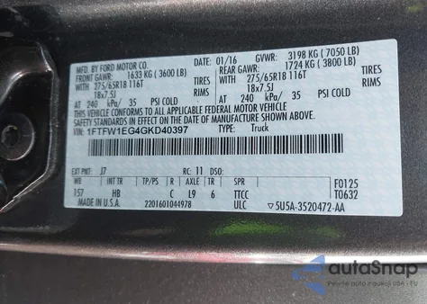 2016 Ford F-150 Lariat from USA, damaged, VIN 1FTFW1EG4GKD40397